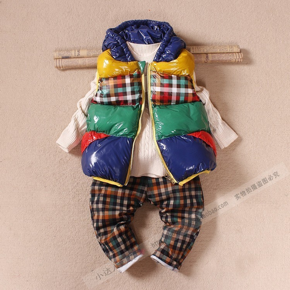 Жилет разноцветный с клетчатой вставкой и капюшоном
