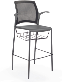 стул Rewind стул барный на 4 ногах, каркас черный, пластик серый, спинка-сетка, с открытыми подлокотниками, с подседельной корзиной