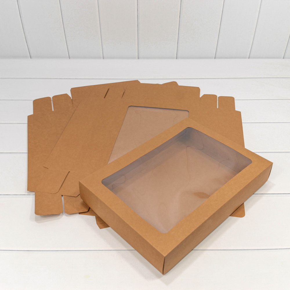 Коробка Для конфет сборная 35х25х6 см с окошком (Коричневый, Крафт)