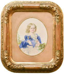 Гау В. И. (?) Девочка в белом с голубыми бантами. Карандаш, акварель. Европа.