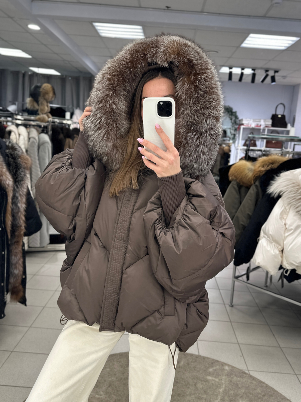 Пуховик oversize  с мехом лисы