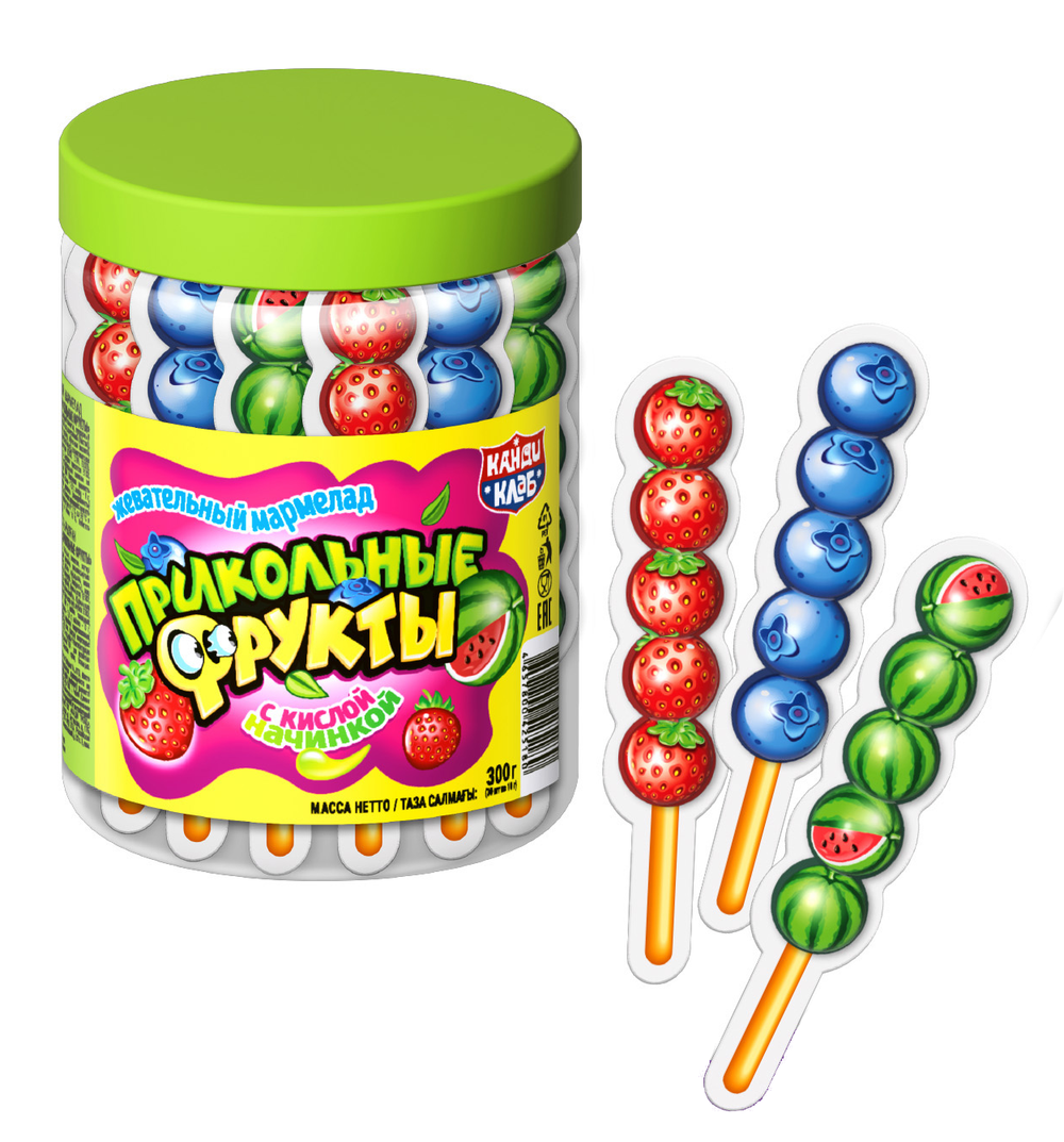 Жевательный мармелад с кислой начинкой "Прикольные Фрукты" 10гр*30шт*12 банок