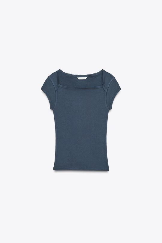 ZARA ФУТБОЛКА ИЗ ХЛОПКА И МОДАЛА, МОРСКОЙ СИНИЙ