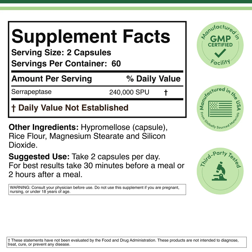 Double Wood Supplements - Serrapeptase - 120 x 120,000 SPU capsules