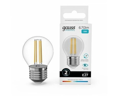 Лампа Gauss Filament Elementary Шар 10W 670lm 4100К Е27 LED 52220