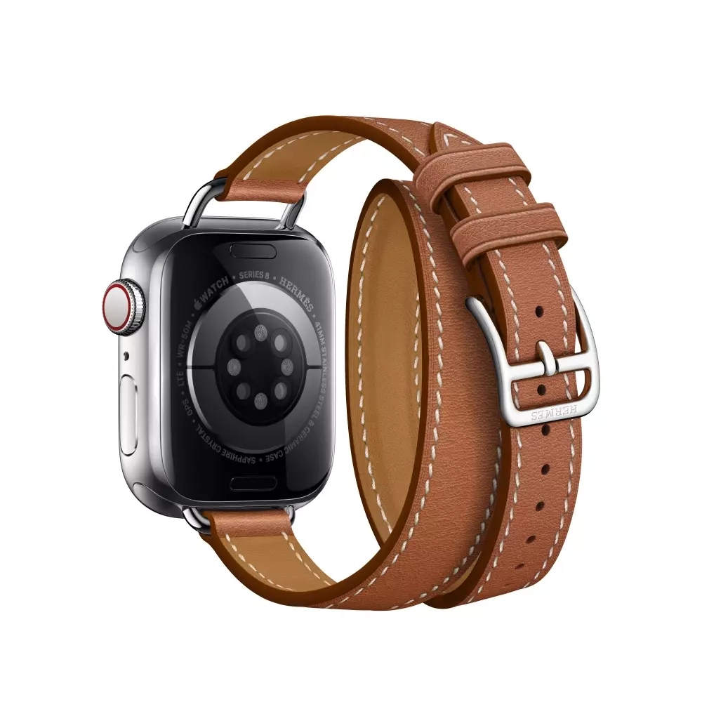Apple Watch Series 8 Hermes 41mm, двойной тонкий кожаный ремешок коричневого цвета