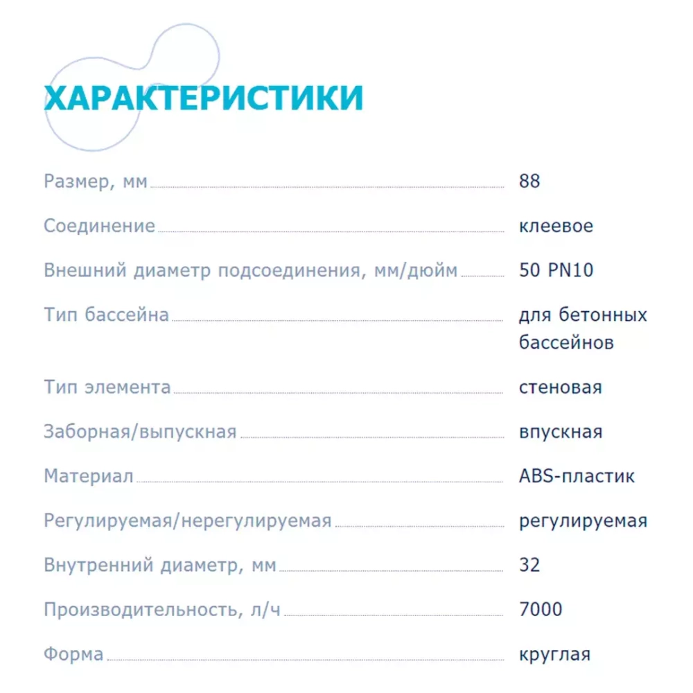 Форсунка для бассейна стеновая под бетон/плитку - 4.5 м³/ч, Ø50/32мм, ABS-пластик - Astral, Испания