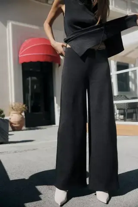 ZARA БРЮКИ SOFT ШИРОКОГО КРОЯ ИЗ ТКАНИ ПИКЕ, ЧЕРНЫЙ С МЕЛАНЖЕВЫМ ЭФФЕКТОМ