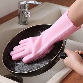 Силиконовые перчатки для мытья посуды с ворсинками Розовые