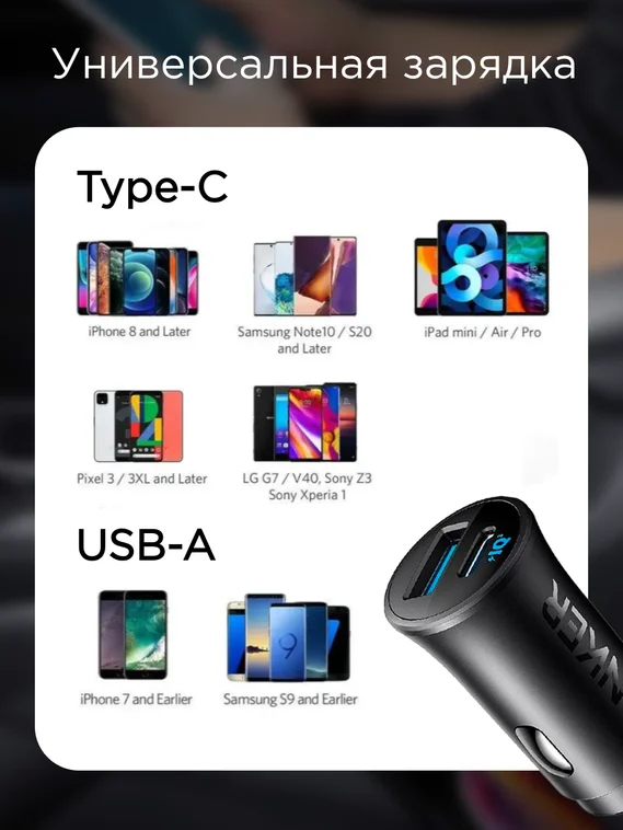 Автомобильное зарядное устройство Anker A2741 30W (2 порта USB-A, USB-C) черный (A2741611)