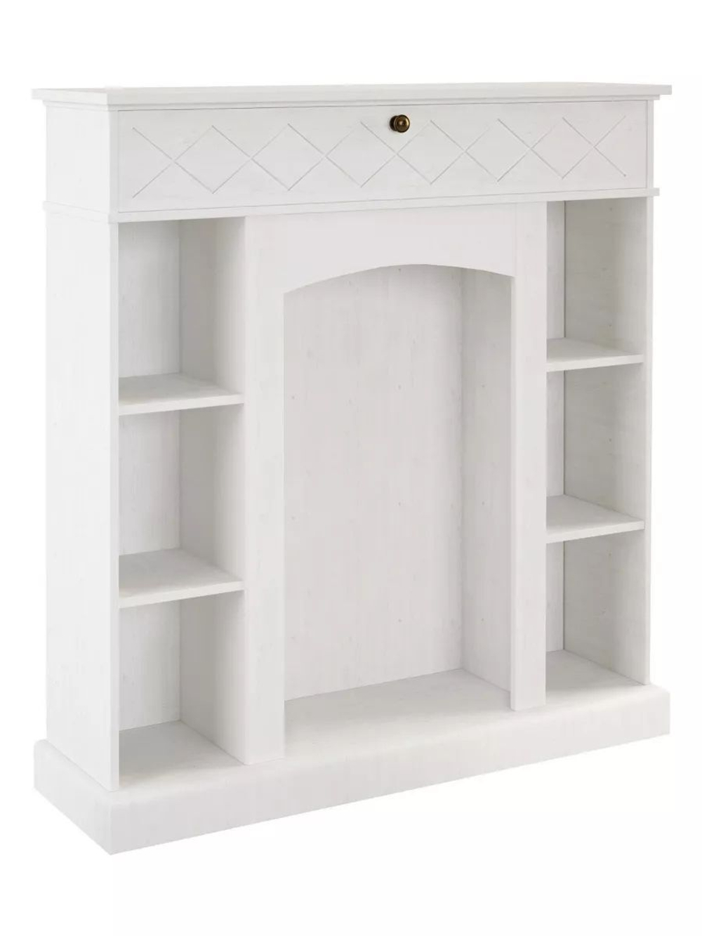 Камин декоративный Абау, стеллаж с ящиком из массива сосны, полка декоративная с подсветкой, белый