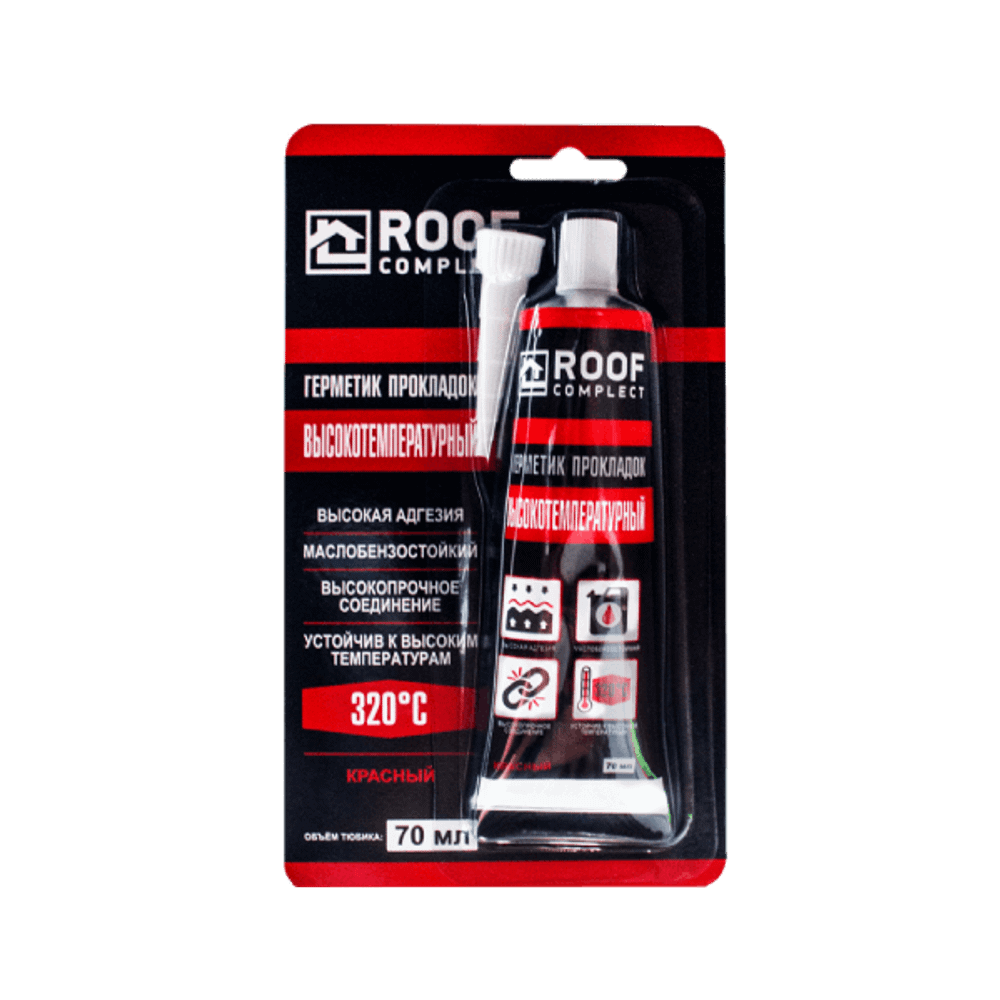 Герметик силиконовый высокотемпературный Roof Complect красный в тюбике (70 мл/12 шт)