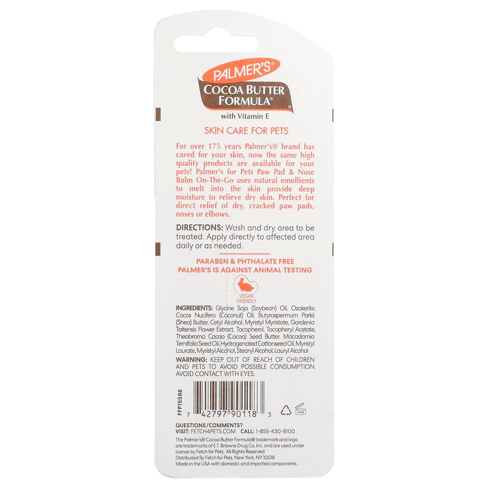 Palmer's for Pets, Cocoa Butter Formula® с витамином E, подушечками для лап и бальзамом для носа, для домашних животных, 14 г (0,5 унции)