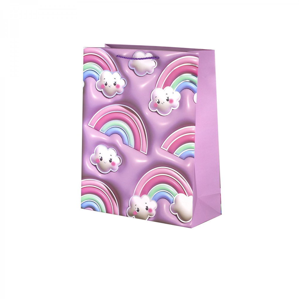 Пакет подарочный бумажный Alingar, (М) 18х23х10 см, вертикальный, "Радуга и облачка", мат. ламинация, тиснение голография, эфффект 3D, ассорти