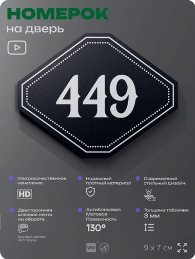 Номерок на дверь квартиры 449, для кабинета, офиса, шильдик 9 х 7 см, черный, Айдентика Технолоджи