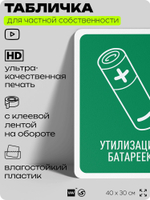 Табличка для сортировки отходов "Утилизация батареек", для контейнеров, пунктов раздельного сбора, организаций и дворовых территорий, информационная, 40х30 см, Silver Plane x Айдентика Технолоджи