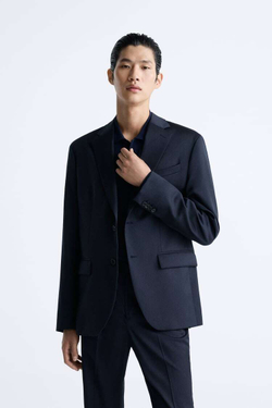 ZARA КОСТЮМНЫЙ БЛЕЙЗЕР ИЗ 100% ШЕРСТИ, МОРСКОЙ СИНИЙ