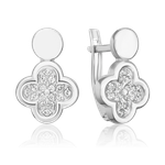 Серьги «Клевер» с английским замком из белого золота с фианитами