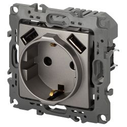Розетка ЭРА Серия 12 12-4109-16 , 2P+E 16A-250В, штор. с 2xUSB 5В-3А, титан | ЭРА 12 Титан