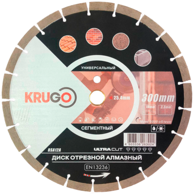 Диск алмазный сегментированный (кирпич, бетон, гранит) KRUGO 300x3,0x25,4x12mm, RSA12A