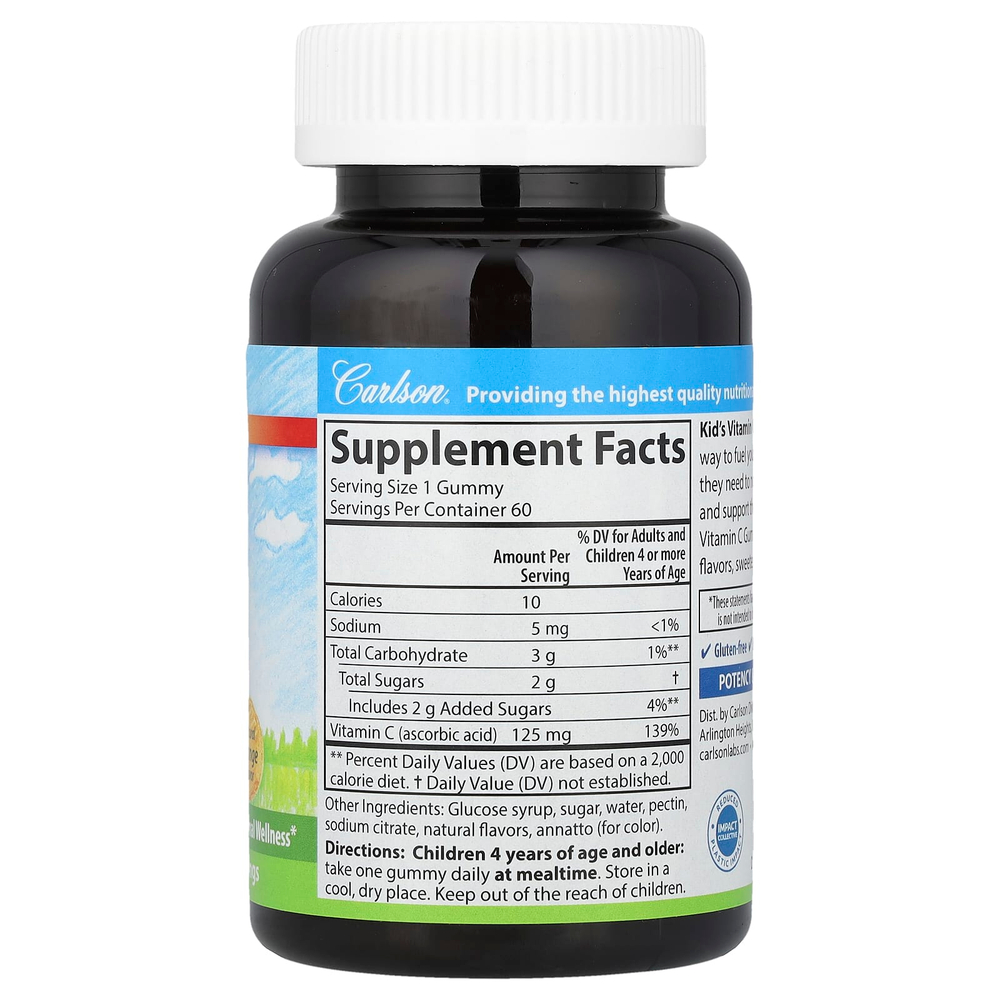 Carlson, детские жевательные таблетки с витамином C, натуральный апельсин, 125 мг, 60 вегетарианских жевательных таблеток