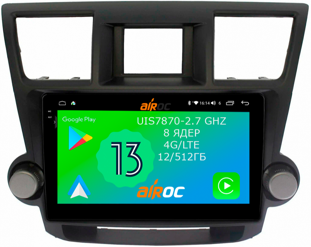 Магнитола для Toyota Highlander 2 2007-2013 XU40 - Airoc 2K AU-1122 Android 13, TS20, 12/512Гб, SIM-слот (крутилки декоративные)