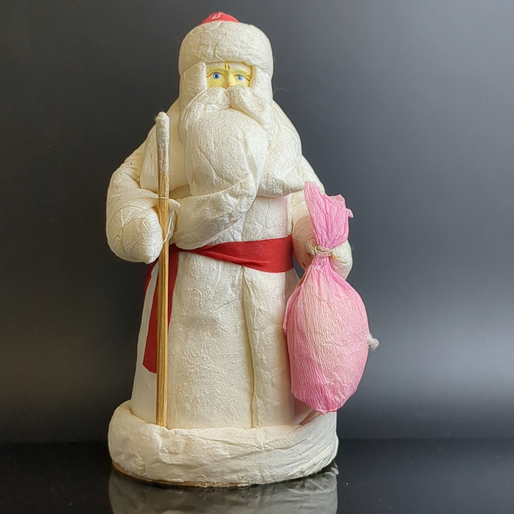 Дед Мороз советский Папье-Маше из ваты, ткани, 23 см, этикетка клеймо, антиквариат СССР 1960-1980 гг