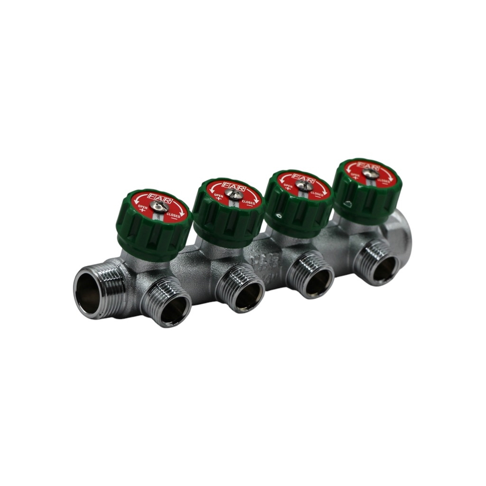 Коллектор регулирующий FAR 3/4" (ВР-НР) с 4 отв. 1/2"EU с вставкой под плоское уплотнение