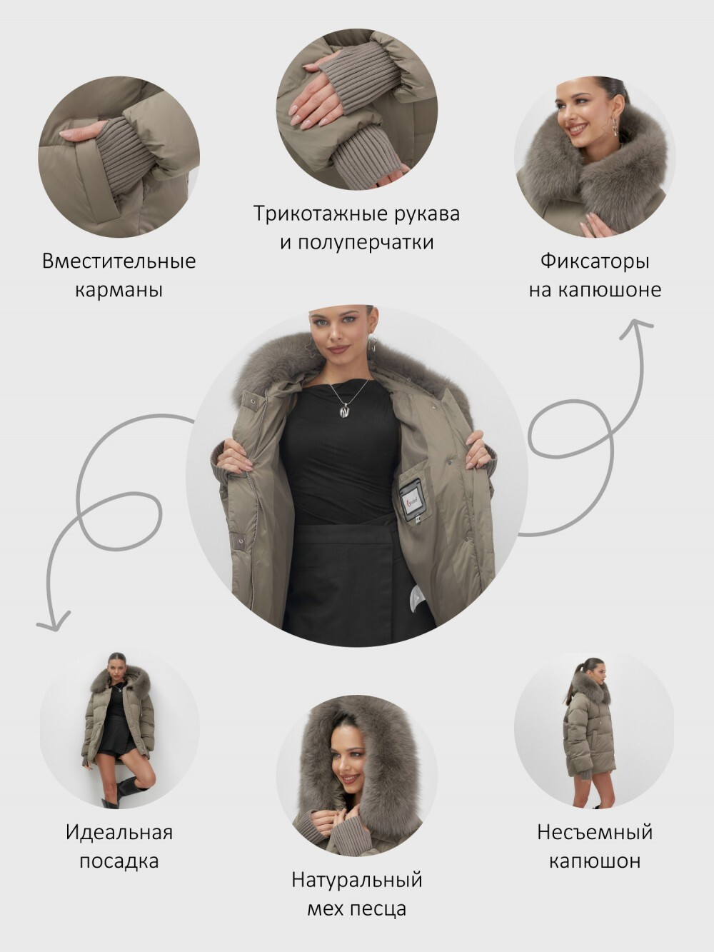 Куртка зимняя женская с мехом и капюшоном тренд коричневого цвета 7658K