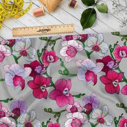 Ткань дюспо контрастные цветочки на сером