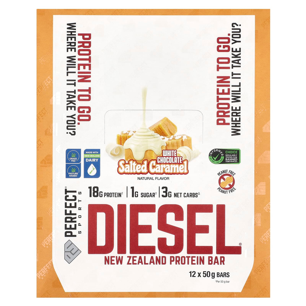 PERFECT Sports, Diesel, новозеландский протеиновый батончик, белый шоколад с соленой карамелью, 12 батончиков по 50 г