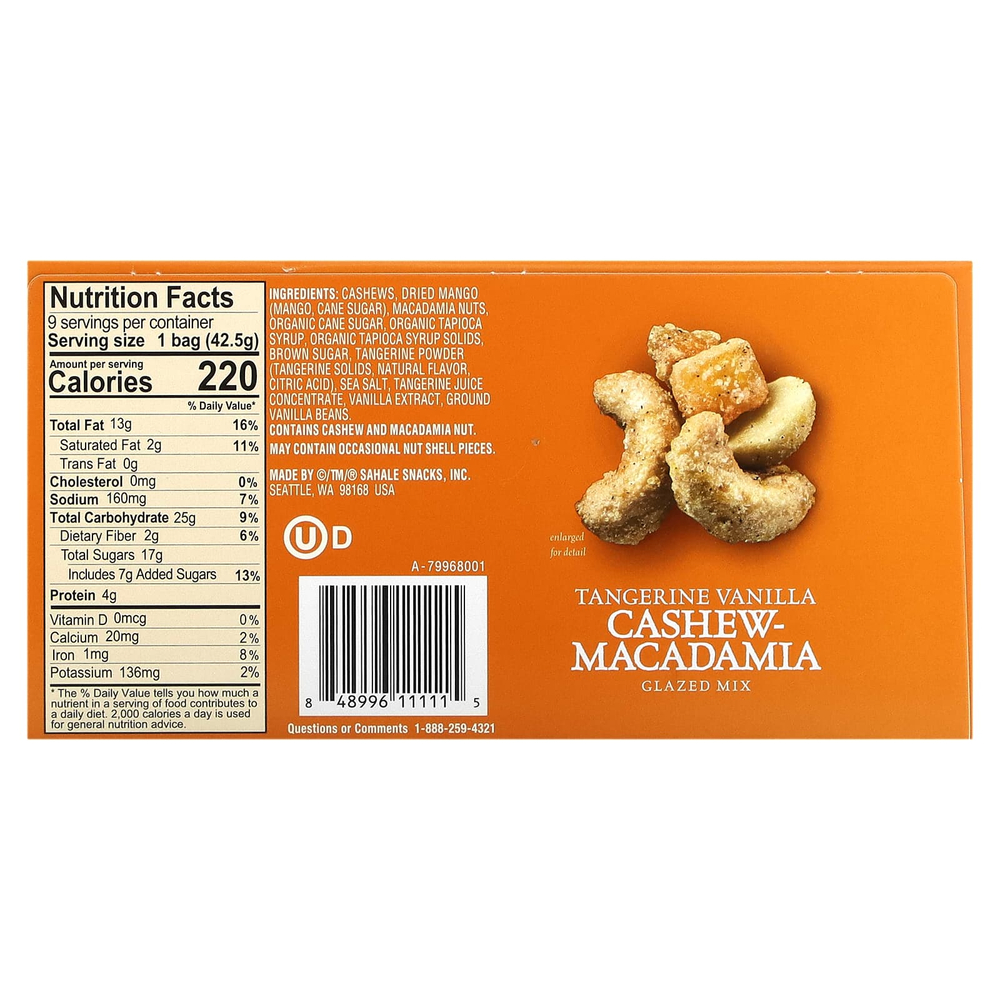 Sahale Snacks, Глазированная смесь, мандарин, ваниль, кешью и макадамия, 9 пакетиков, 42,5 г (1,5 унции) каждый