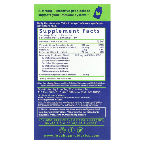 LoveBug Probiotics, Immune Support Probiotic™, пробиотик для ежедневного приема, 40 млрд КОЕ, 30 капсул