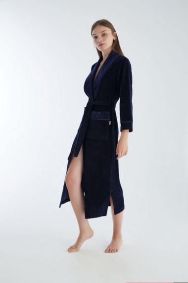 Халат женский велюровый жаккард 0469 синий NUSA Турция