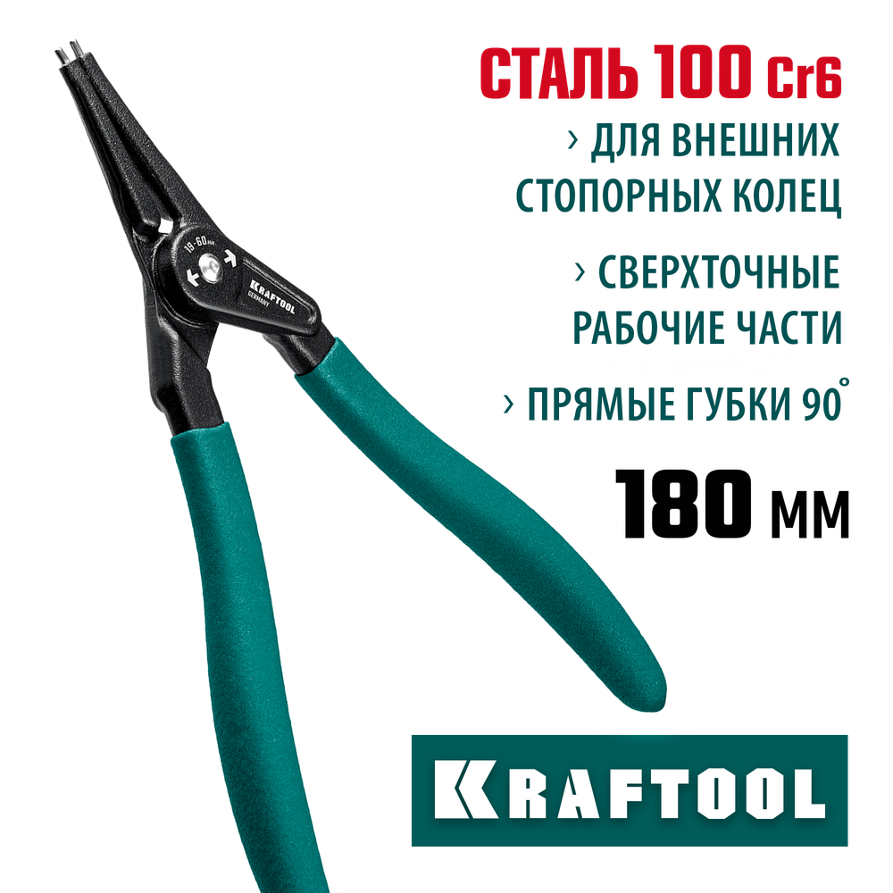 KRAFTOOL 180 мм, прямые губки, внешний, съемник стопорных колец (22812-3)