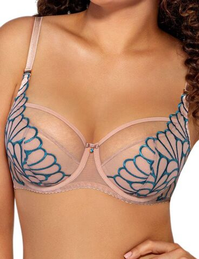 Бюстгальтер на косточках с контрастной бирюзовой вышивкой (Размер: 100C) (Цвет: телесный)