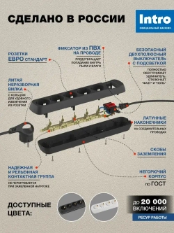 Удлинитель электрический Intro UES515-B с заземлением с выключателем 5 розеток 1,5 м ПВС 3х0,75мм2 10А черный
