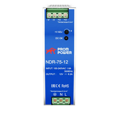 Источник питания NDR-75-12, на выходе 12 В DC, 6.2 А, 75 Вт. Входное  85-264 В AC (120-370 В DC)