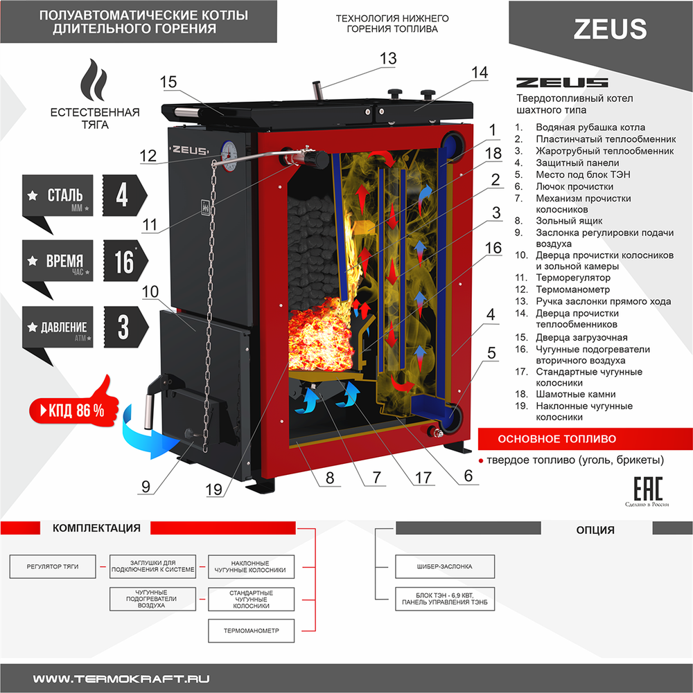 Котел полуавтоматический нижнего горения ZEUS (Зевс) 16 кВт