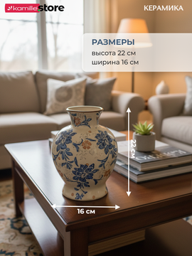 Ваза для цветов 22 см. керамическая с цветочным рисунком