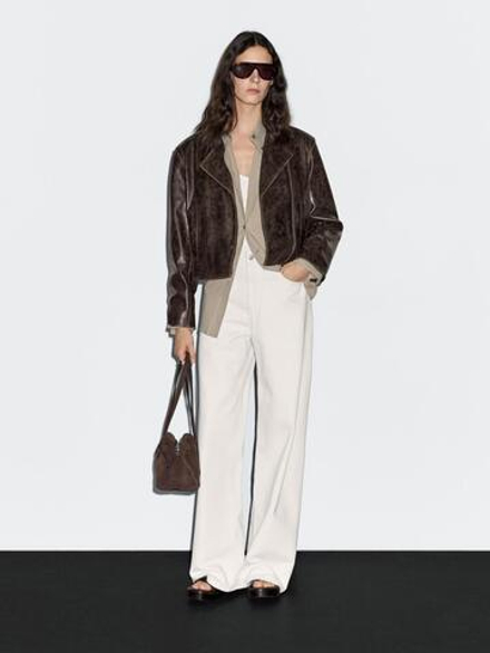 Massimo Dutti Куртка в байкерском стиле из кожи наппа, коричневый