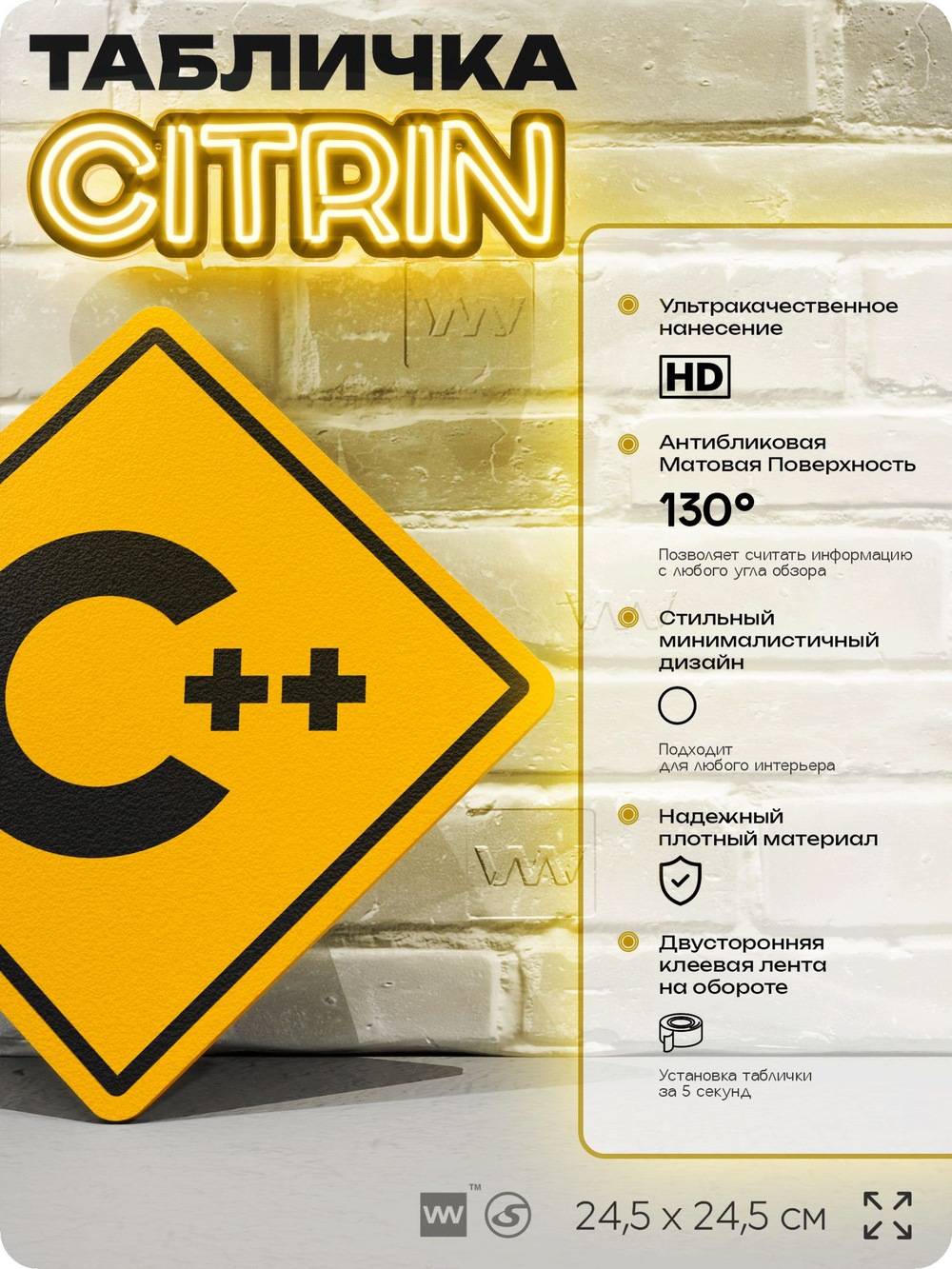 Табличка декоративная "C++" на дверь и стену, для программиста, информационная, декоративный знак, 24,5х24,5 см, пластиковая, Айдентика Технолоджи