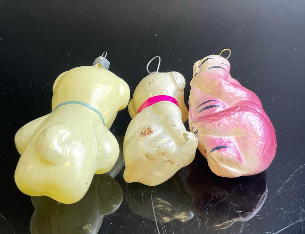Ёлочные игрушки набор из 3х разных, мишка на березе, собачки, стекло, подвесные, винтаж СССР 1960-1980 гг