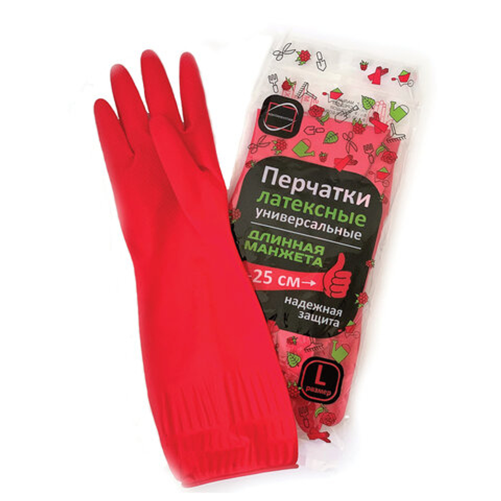 Перчатки МНОГОРАЗОВЫЕ латексные ДЛИННАЯ МАНЖЕТА 25 см КРАСНЫЕ, размер 8-9, L (большой), вес 90 г, КП