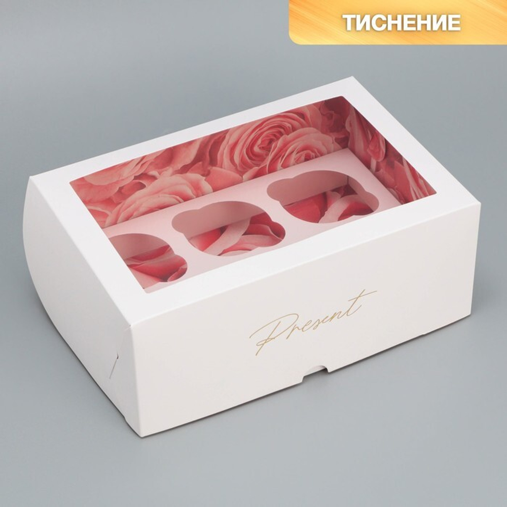 Коробка на 6 капкейков с двусторонним нанесением Розы, 25*17*10 см