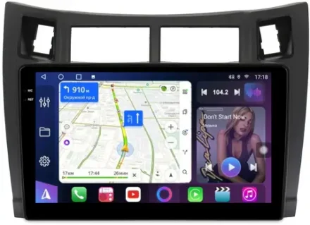 Магнитола для Toyota Vitz 2, Yaris 2 2005-2011 (рамка черная) - FarCar 3022M монитор 9.5" QLED на Android 14, TS18, CarPlay, 4G SIM-слот