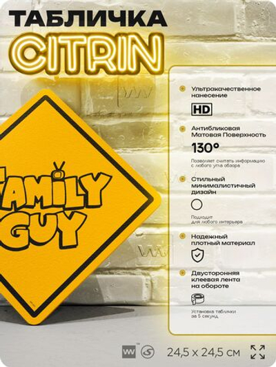 Табличка декоративная "Family Guy" из сериала Гриффины на дверь и стену, прикольная штука в подарок фанату, декоративный знак ЦИТРИН, 24,5х24,5 см, пластиковая, Айдентика Технолоджи