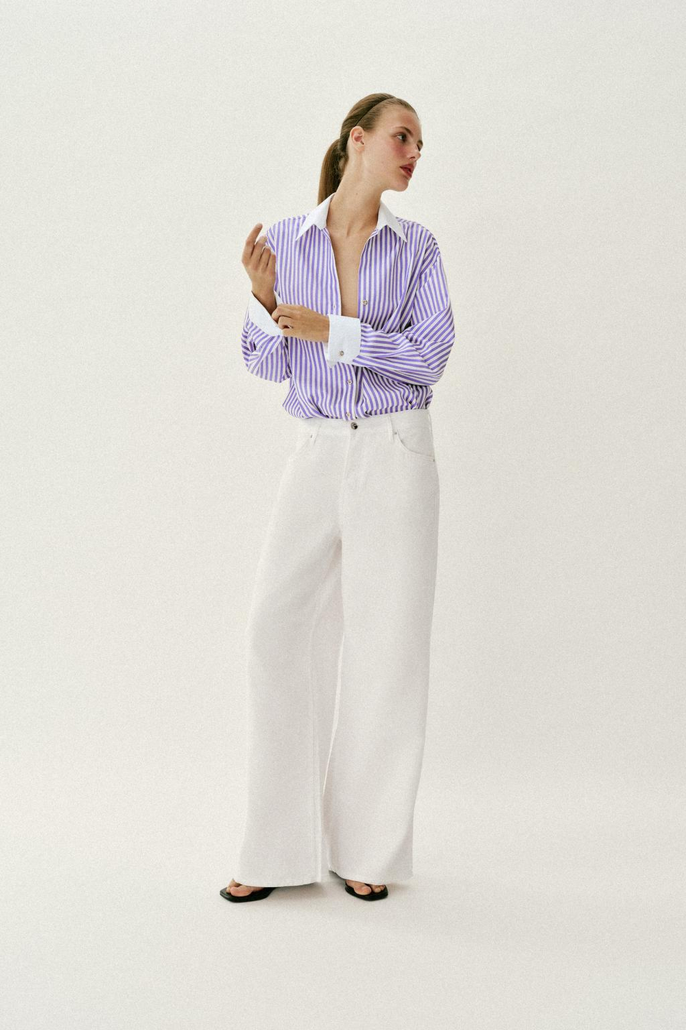 ZARA РУБАШКА ИЗ ПОПЛИНА В ПОЛОСКУ, ЛИЛОВЫЙ/БЕЛЫЙ