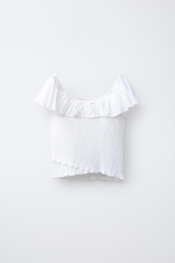 ZARA ФУТБОЛКА ИЗ ЛЬНА С УЗОРОМ «СОТЫ», ЖЕЛТОВАТО-БЕЛЫЙ