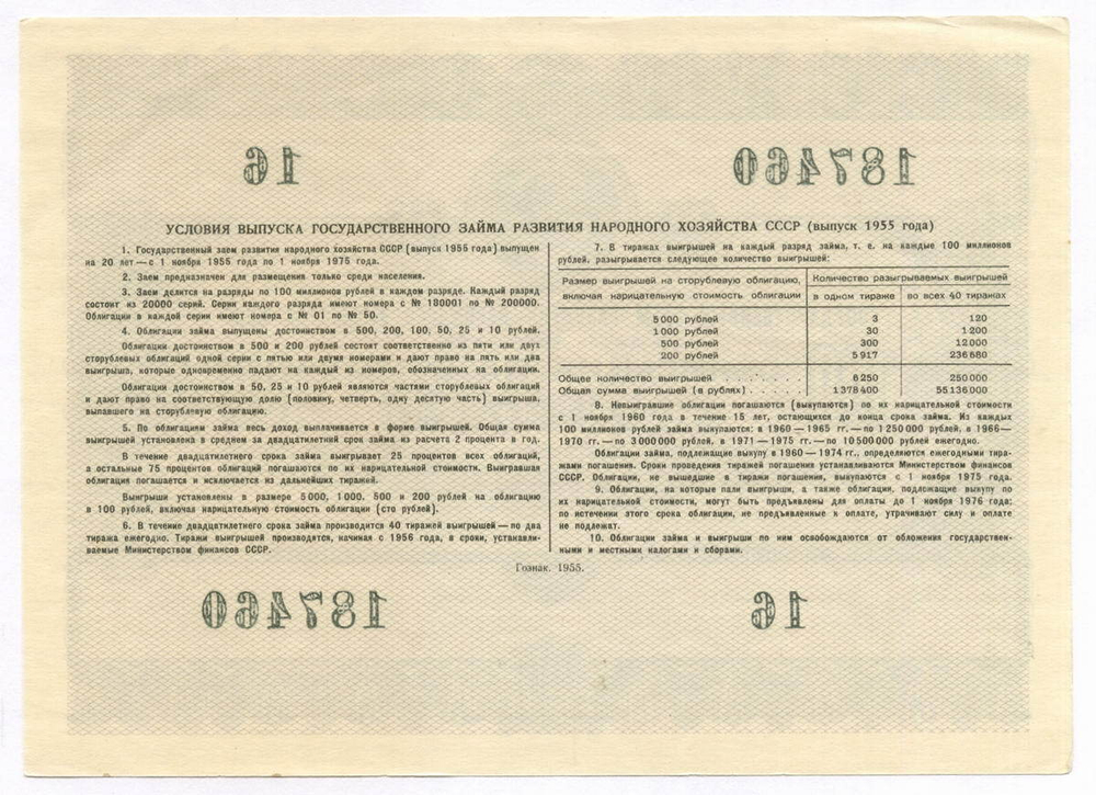 Облигация 100 рублей 1955 год. Серия № 187460. XF